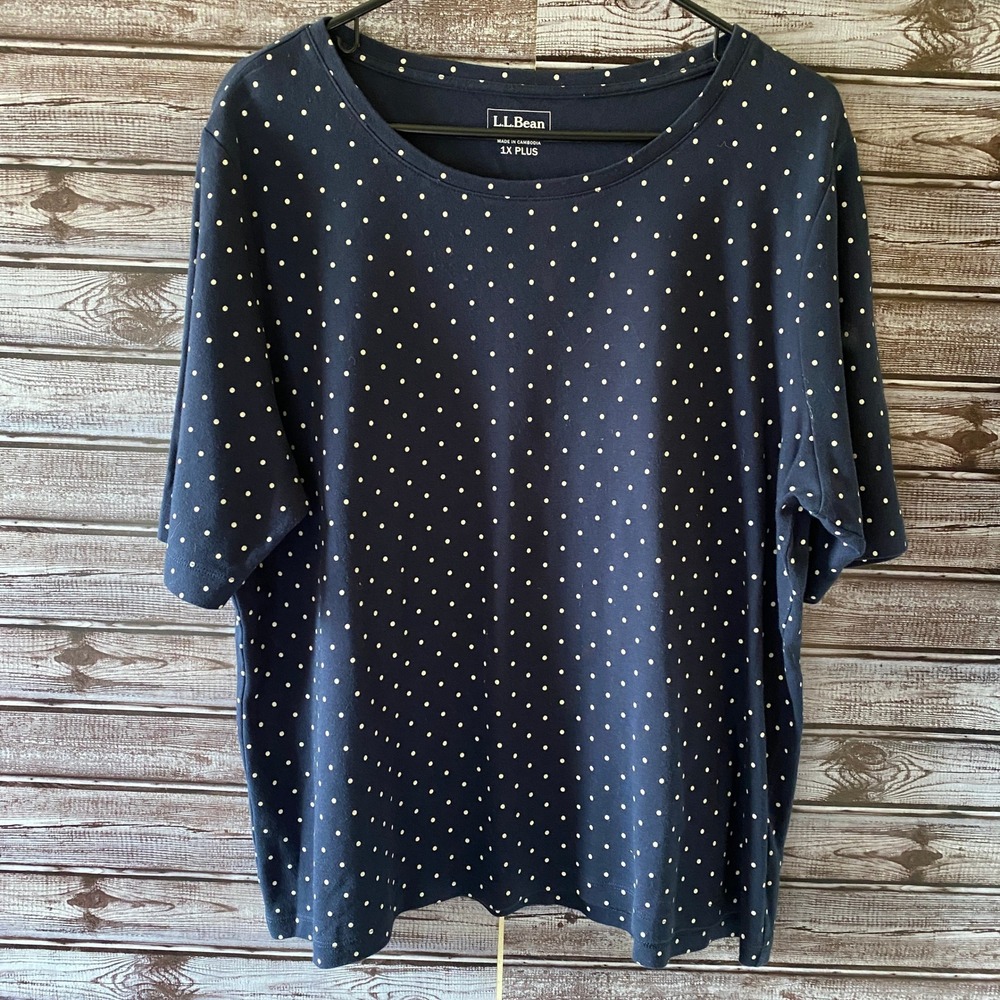 LL Bean Women's Short-Sleeved Top Size 1X Plus Navy Blue White Polka-Dot‎